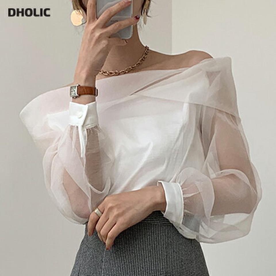 【SUPER SALE】オーガンジーオフショルダーブラウス・全5色・b71030 レディース 【bl】トップス ブラウス 長袖 オフショルダー 透け感 シアー シースルー デコルテ 大人 上品 デコラティブ オケージョン 骨格ウェーブ 秋 冬 クリスマス 韓国ファッション HIHOLLI