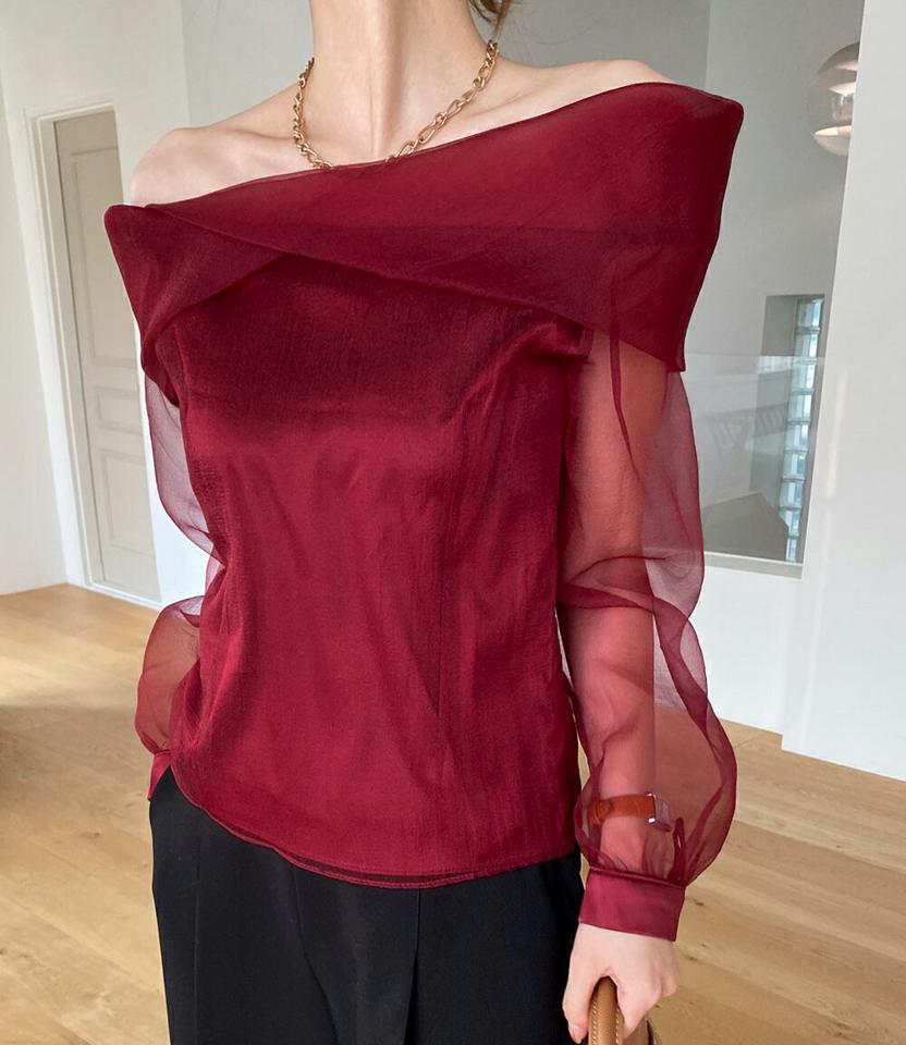 【SUPER SALE】オーガンジーオフショルダーブラウス・全5色・b71030 レディース 【bl】トップス ブラウス 長袖 オフショルダー 透け感 シアー シースルー デコルテ 大人 上品 デコラティブ オケージョン 骨格ウェーブ 秋 冬 クリスマス 韓国ファッション HIHOLLI