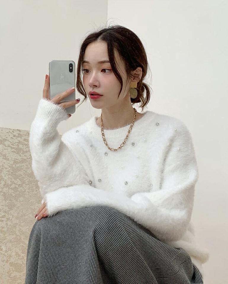 キュービックフェイクパールシャギーニット・全3色・b71031 レディース 【tops】トップス ニット 長袖 パール シャギーニット キュービック 大人 上品 レディ きれいめ ニットトップス 冬 韓国ファッション ハイホリHIHOLLI