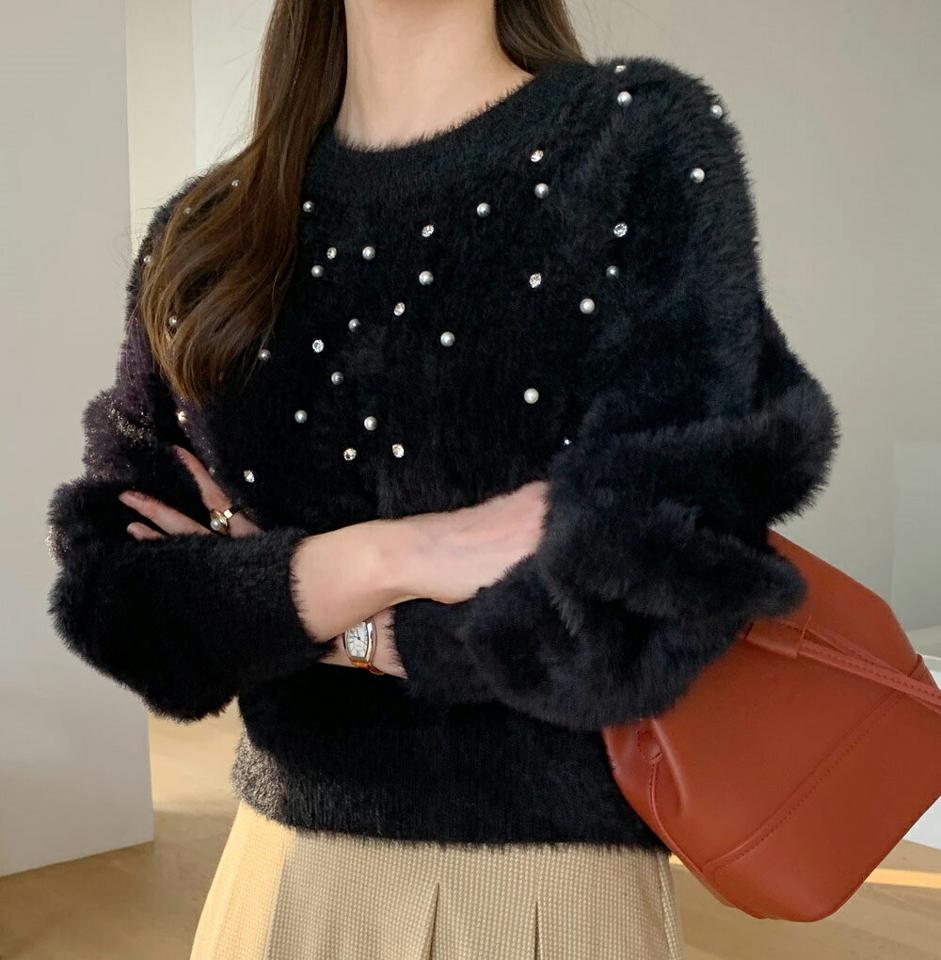 キュービックフェイクパールシャギーニット・全3色・b71031 レディース 【tops】トップス ニット 長袖 パール シャギーニット キュービック 大人 上品 レディ きれいめ ニットトップス 冬 韓国ファッション ハイホリHIHOLLI