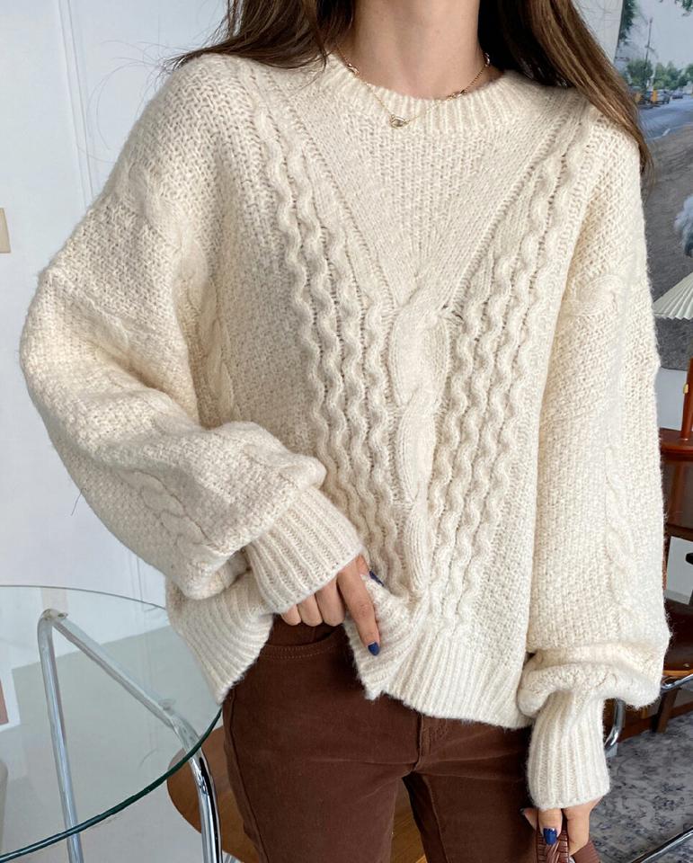 ルーズケーブルニット・全3色・t65839 レディース 【tops】韓国ファッション トップス ニット 大人 長袖 ラウンドネック リブ ウェーブ ケーブル編み シンプル 可愛い ルーズ ウール混 体型カバー フェミニン カジュアル 秋 冬