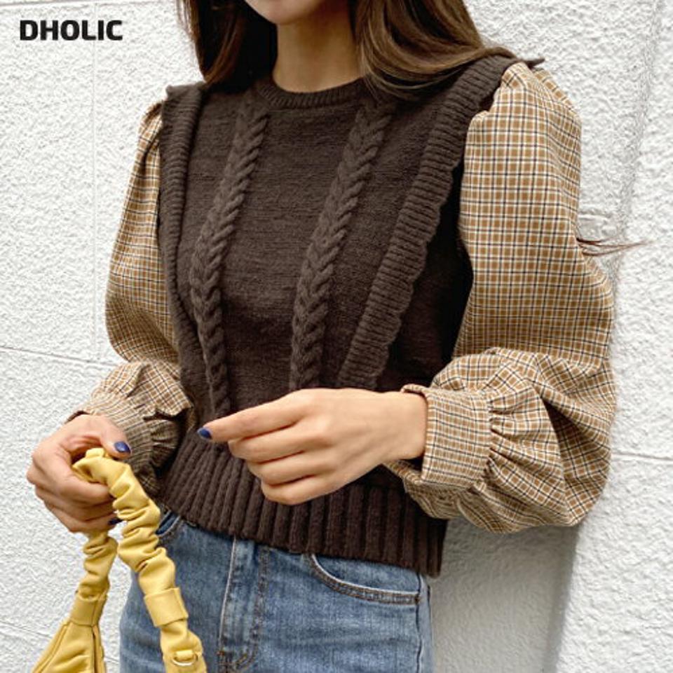 チェックスリーブ配色ニット・全3色・b65836 レディース 【tops】韓国ファッション トップス ニット 大人 長袖 ラウンドネック クロップド丈 ケーブル編み フリル チェック シンプル 体型カバー フェミニン カジュアル デイリー ガーリー 秋 冬