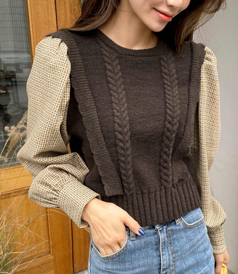 チェックスリーブ配色ニット・全3色・b65836 レディース 【tops】韓国ファッション トップス ニット 大人 長袖 ラウンドネック クロップド丈 ケーブル編み フリル チェック シンプル 体型カバー フェミニン カジュアル デイリー ガーリー 秋 冬