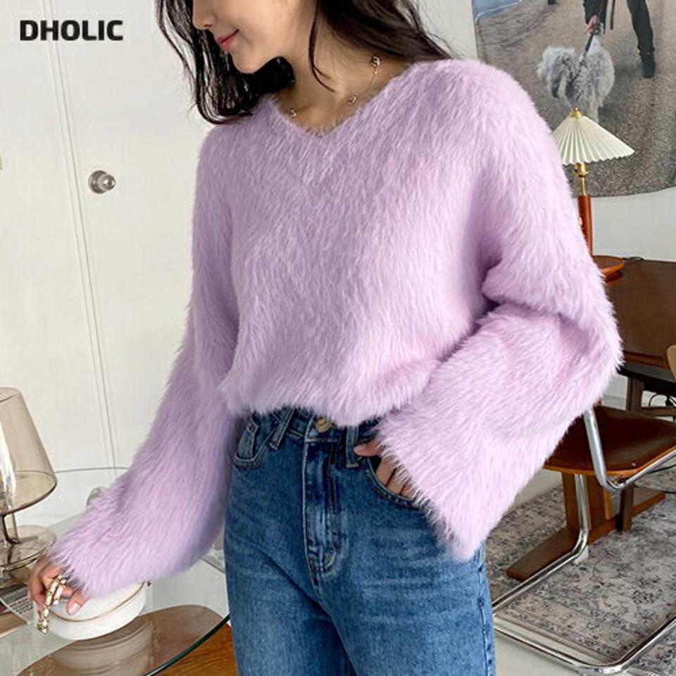 エコファールーズニット・全6色・b65838 レディース 【tops】韓国ファッション トップス ニット 大人 長袖 Vネック エコファー ルーズ 厚手 カラーニット 無地 シンプル パステル フェミニン デイリー ガーリー 秋 冬242
