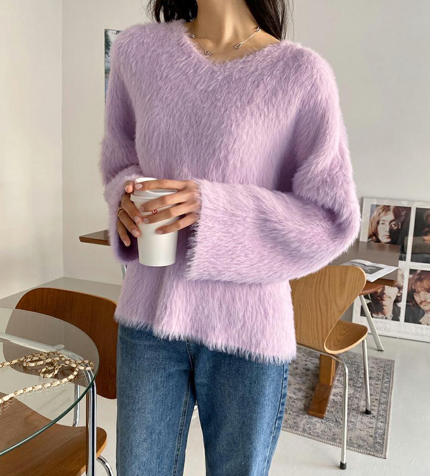 エコファールーズニット・全6色・b65838 レディース 【tops】韓国ファッション トップス ニット 大人 長袖 Vネック エコファー ルーズ 厚手 カラーニット 無地 シンプル パステル フェミニン デイリー ガーリー 秋 冬242