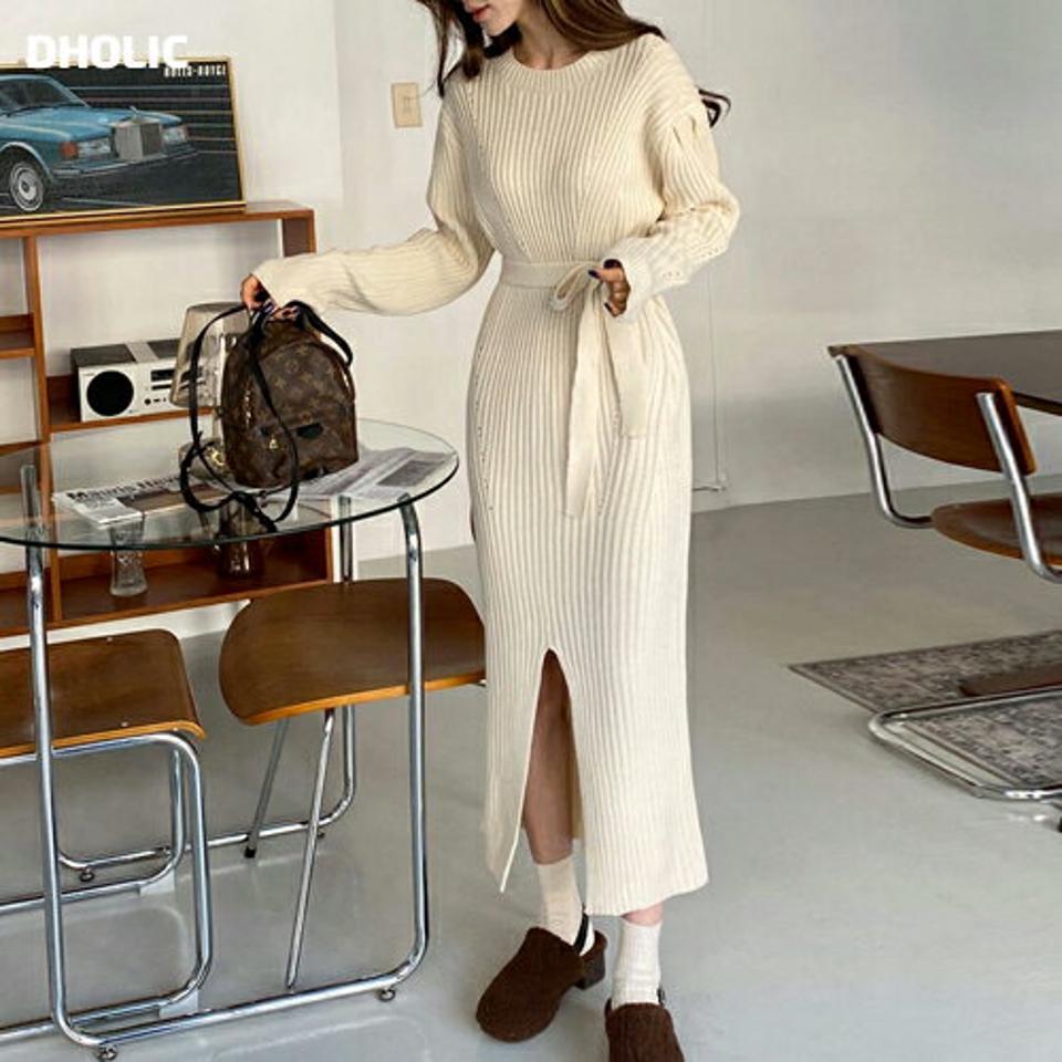 ストラップ付リブニットロングワンピース・全3色・b65844 レディース 【ops】韓国ファッション ワンピース ロングワンピース 長袖 ラウンドネック ストラップ付 リブ ニットワンピース ロング丈 シンプル 体型カバー カジュアル 秋 冬
