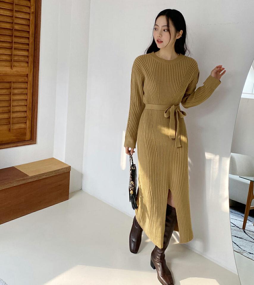 ストラップ付リブニットロングワンピース・全3色・b65844 レディース 【ops】韓国ファッション ワンピース ロングワンピース 長袖 ラウンドネック ストラップ付 リブ ニットワンピース ロング丈 シンプル 体型カバー カジュアル 秋 冬