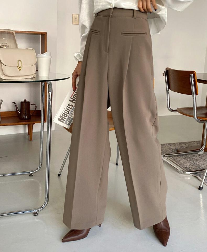 フェイクポケットワイドスラックス・全3色・t65857 レディース 【pt】韓国ファッション ボトムス ロング ロングパンツ スラックスパンツ スラックス フェイクポケット ワイド 無地 シンプル ストレート 異素材 体型カバー カジュアル デイリー 秋 冬