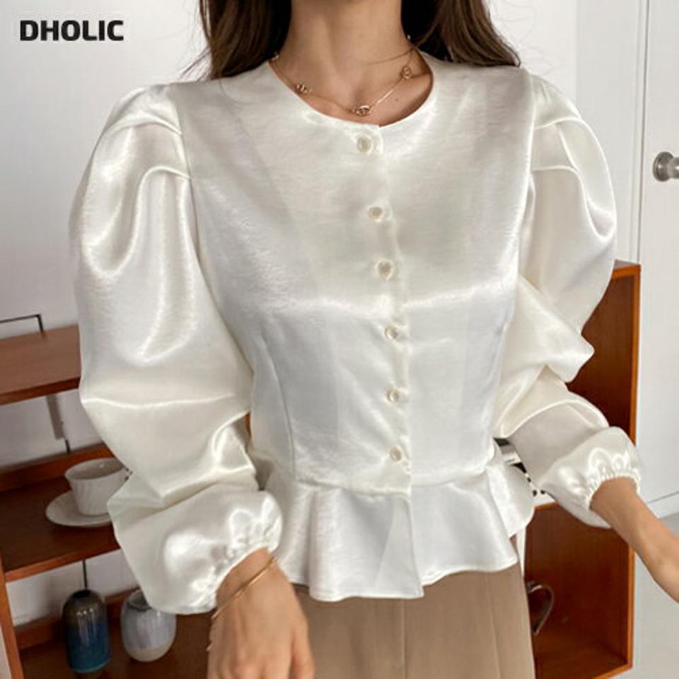 サテンパフブラウス・全2色・t65835 レディース 【bl】韓国ファッション トップス ブラウス 長袖 ラウンドネック パフスリーブブ フリル ボタン 無地 シンプル 大人 ルーズ ガーリー カジュアル フェミニン 秋 冬