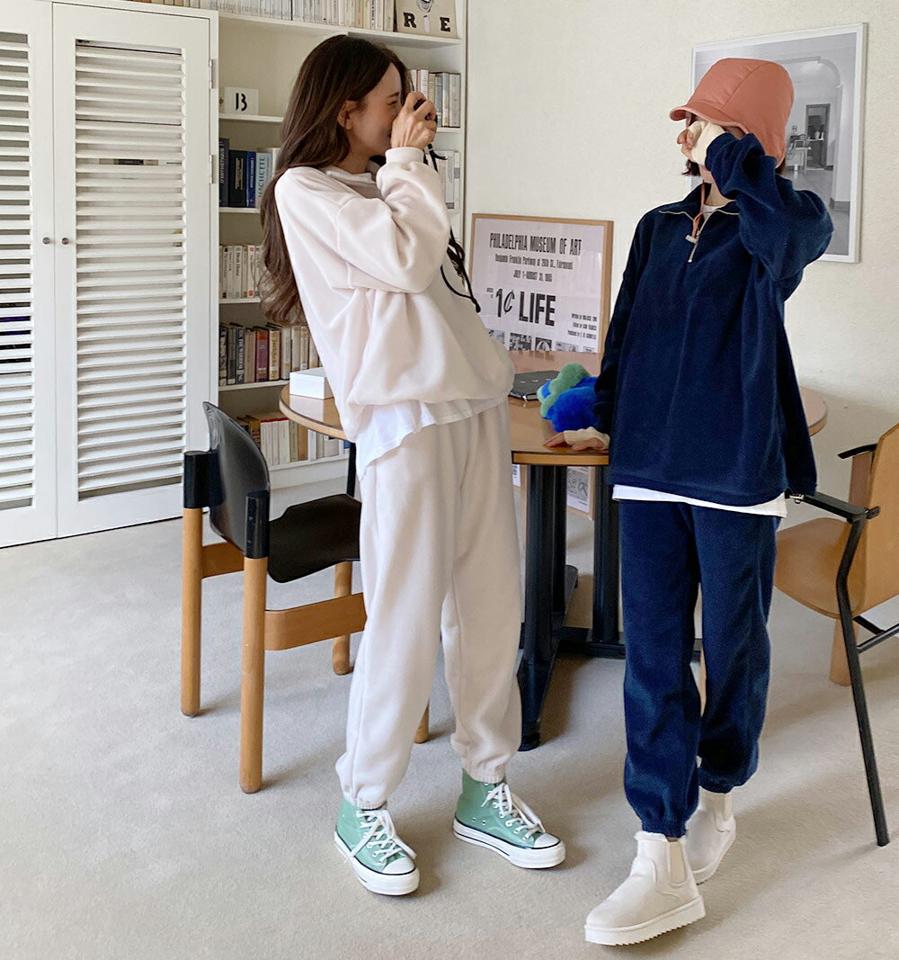 裏起毛ハーフジップフリーススウェット&ジョガーパンツSET・全4色・t63223 レディース 【pt】韓国ファッション ボトムス ジョガーパンツ スウェット セットアップ ワンマイルウェア 長袖 ハーフジップ 裏起毛 フリース 無地 シンプル カジュアル 秋 冬