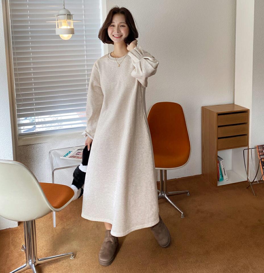 裏起毛タックスリーブワンピース・全3色・t63219 レディース 【ops】韓国ファッション ワンピース ロング ロングワンピース 長袖 ラウンドネック 裏起毛 スリーブ ワンマイルウェア ロング丈 無地 ベーシック シンプル 体型カバー カジュアル 秋 冬