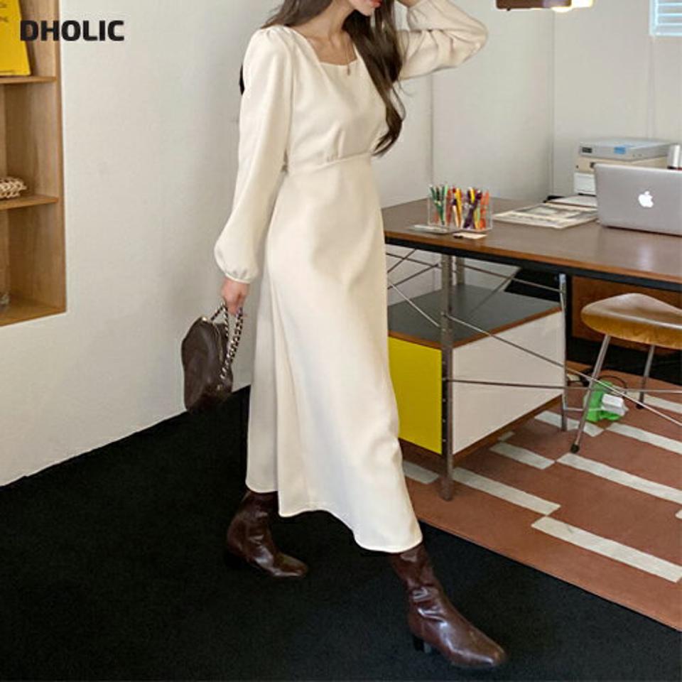 スクエアリボンワンピース・全3色・t63218 レディース 【ops】韓国ファッション ワンピース ロング ロングワンピース 長袖 スクエアネック リボン フレア ギャザー ロング丈 無地 ベーシック シンプル 体型カバー カジュアル 秋 冬235