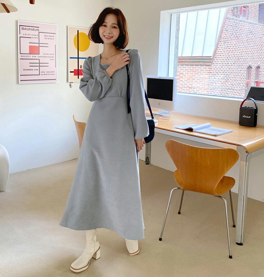 スクエアリボンワンピース・全3色・t63218 レディース 【ops】韓国ファッション ワンピース ロング ロングワンピース 長袖 スクエアネック リボン フレア ギャザー ロング丈 無地 ベーシック シンプル 体型カバー カジュアル 秋 冬235