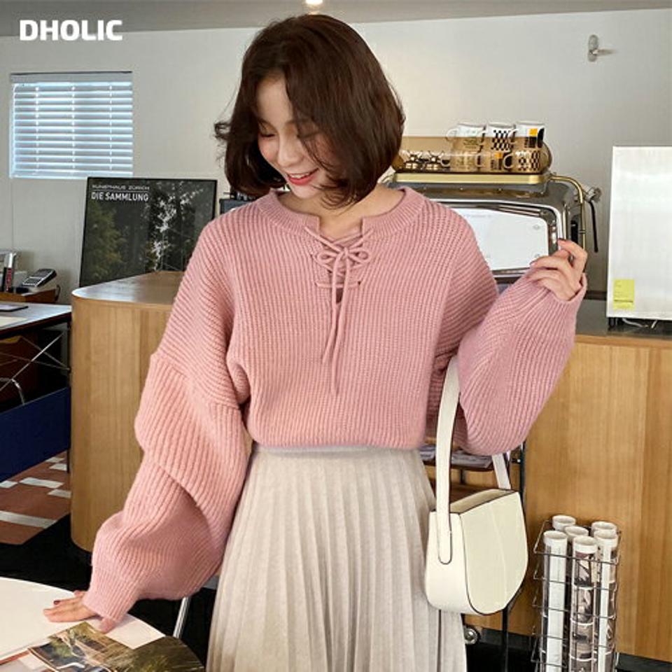 カシミヤ混レースアップニット・全2色・t63215 レディース 【tops】韓国ファッション トップス ニット 大人 長袖 ラウンドネック カシミヤ混 レースアップ カラーニット 無地 シンプル ウール混 ルーズ 体型カバー フェミニン 秋 冬