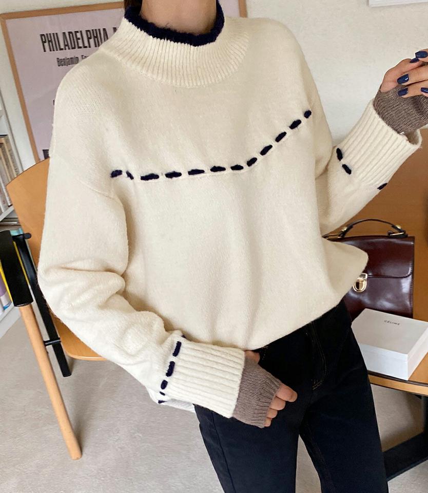 ハーフネック配色ステッチラインニット・全3色・t63214 レディース 【tops】韓国ファッション トップス ニット 大人 長袖 ハイネック 配色 ステッチ シンプル ドロップショルダー 異素材 ルーズ 体型カバー フェミニン デイリー 秋 冬