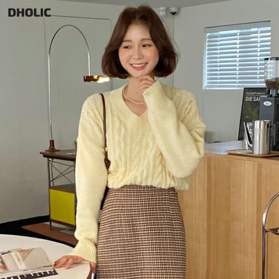 パステルVネックケーブルニット・全5色・t63213 レディース 【tops】韓国ファッション トップス ニット 大人 長袖 Vネック パステル レースアップ ケーブル編 ドロップショルダー カラーニット シンプル 異素材 ルーズ 体型カバー カジュアル 秋 冬