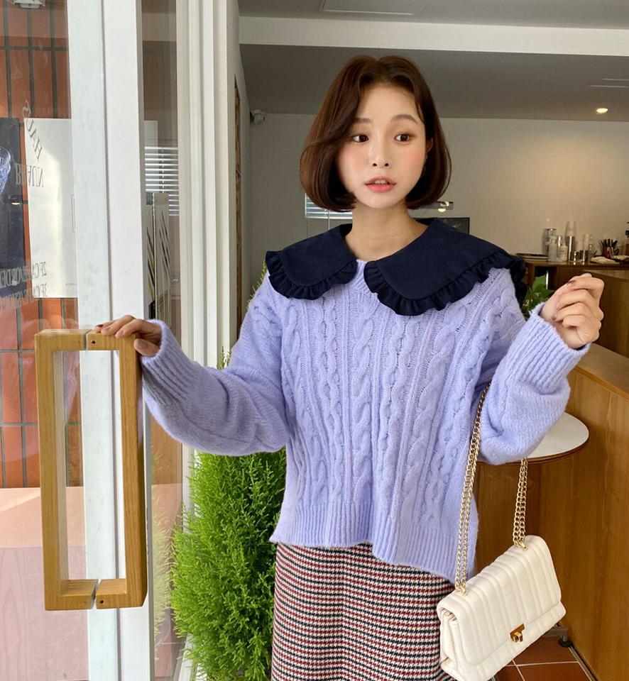 パステルVネックケーブルニット・全5色・t63213 レディース 【tops】韓国ファッション トップス ニット 大人 長袖 Vネック パステル レースアップ ケーブル編 ドロップショルダー カラーニット シンプル 異素材 ルーズ 体型カバー カジュアル 秋 冬