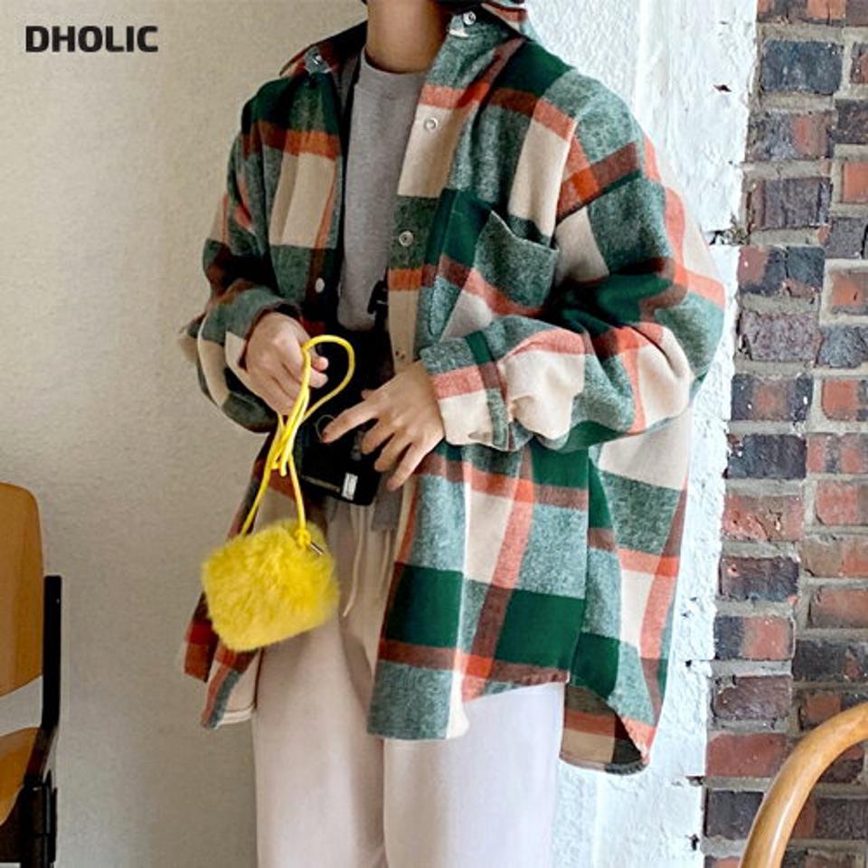 オーバーフィットチェックシャツ・全3色・t63212 レディース 【bl】韓国ファッション トップス シャツ 長袖 カラーネック チェック レースアップ オーバーサイズ ウール混 スナップボタン ポケット カジュアル ルーズ 体型カバー ガーリー 秋 冬