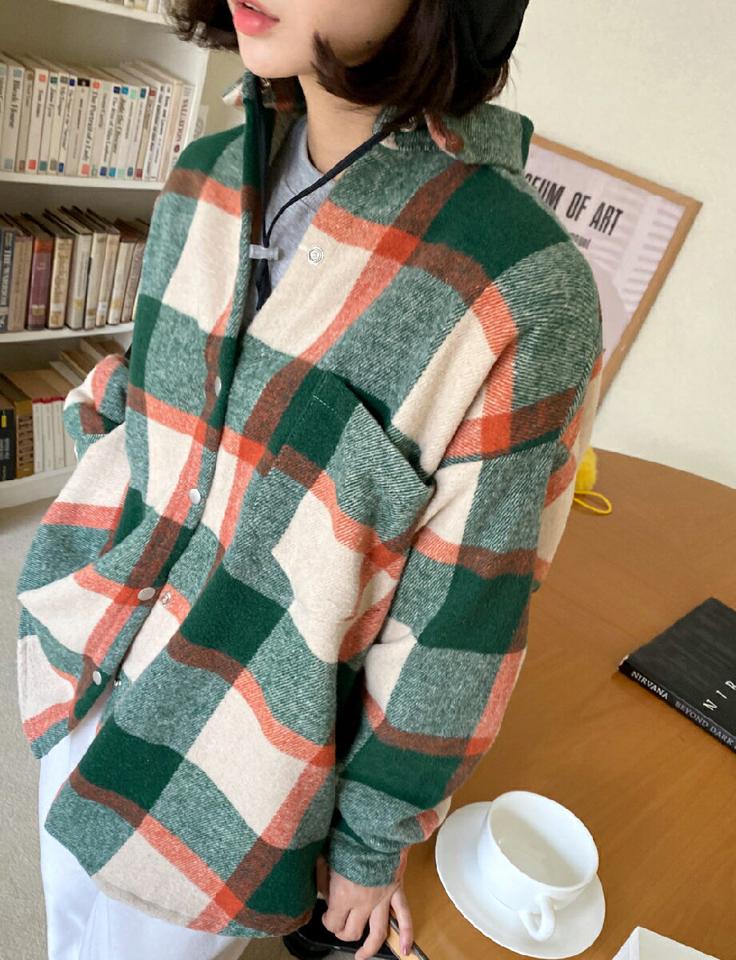 オーバーフィットチェックシャツ・全3色・t63212 レディース 【bl】韓国ファッション トップス シャツ 長袖 カラーネック チェック レースアップ オーバーサイズ ウール混 スナップボタン ポケット カジュアル ルーズ 体型カバー ガーリー 秋 冬