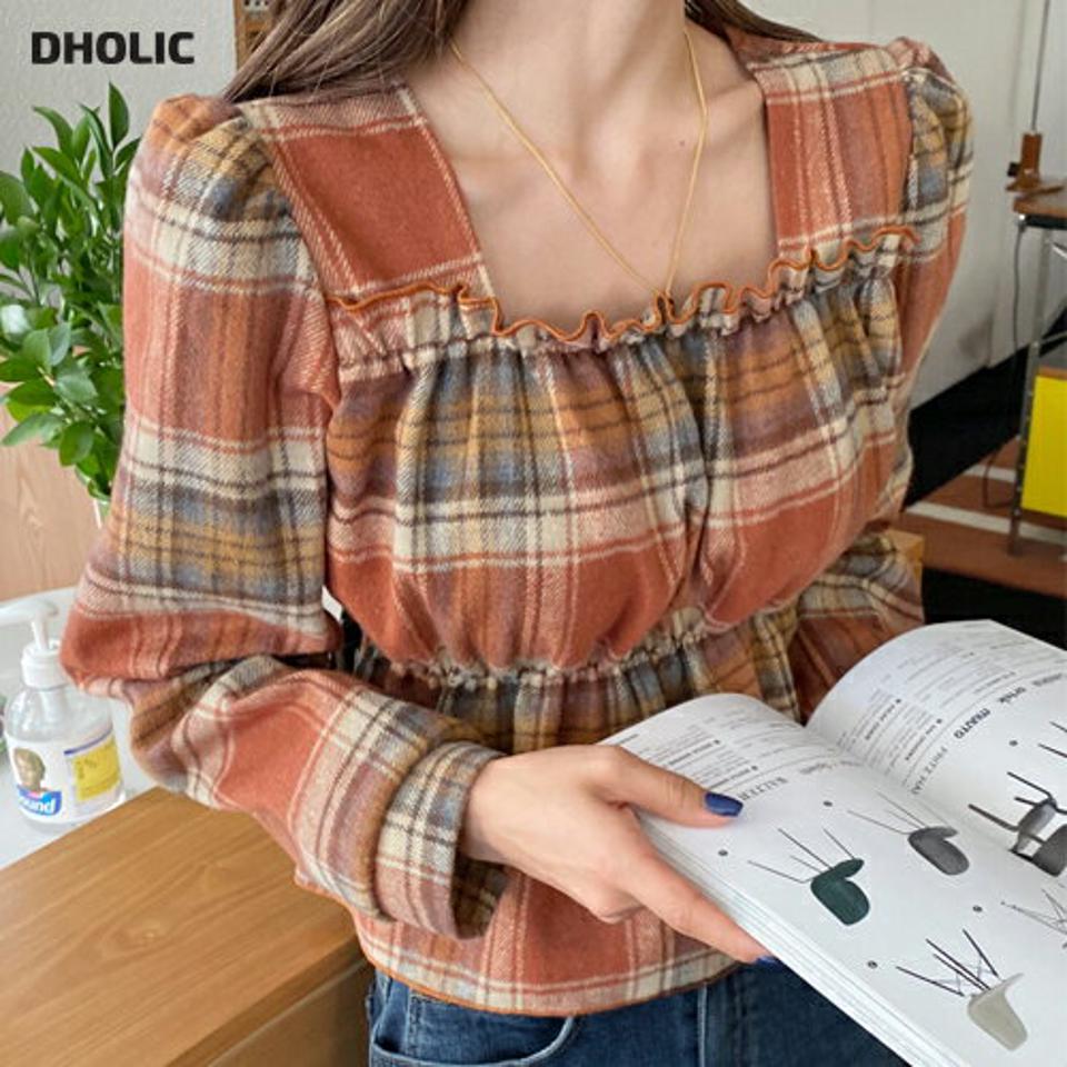 チェックスクエアブラウス・全3色・t63211 レディース 【bl】韓国ファッション トップス ブラウス 長袖 スクエアネック チェック フリル 配色 シンプル 体型カバー ガーリー カジュアル フェミニン 秋 冬