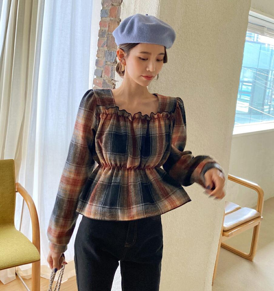 チェックスクエアブラウス・全3色・t63211 レディース 【bl】韓国ファッション トップス ブラウス 長袖 スクエアネック チェック フリル 配色 シンプル 体型カバー ガーリー カジュアル フェミニン 秋 冬