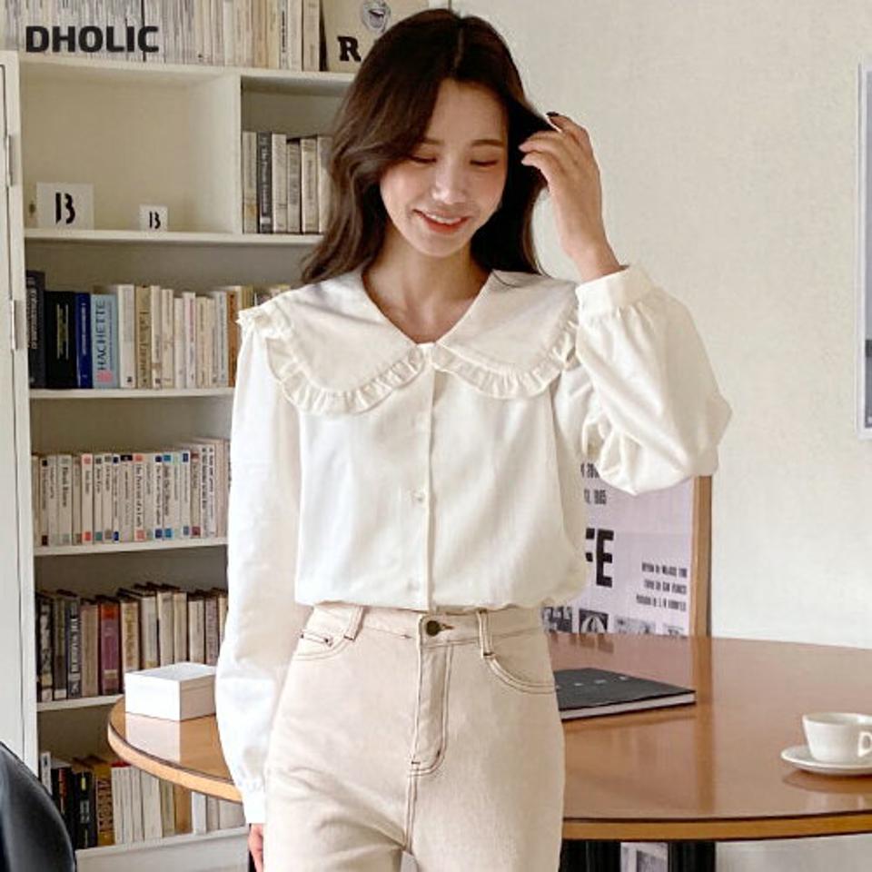 セーラーフリルカラーブラウス・全2色・b63209 レディース 【bl】韓国ファッション トップス ブラウス 長袖 カラーネック セーラーカラー フリル 無地 シンプル カフス ボタン 体型カバー ガーリー カジュアル フェミニン 秋 冬