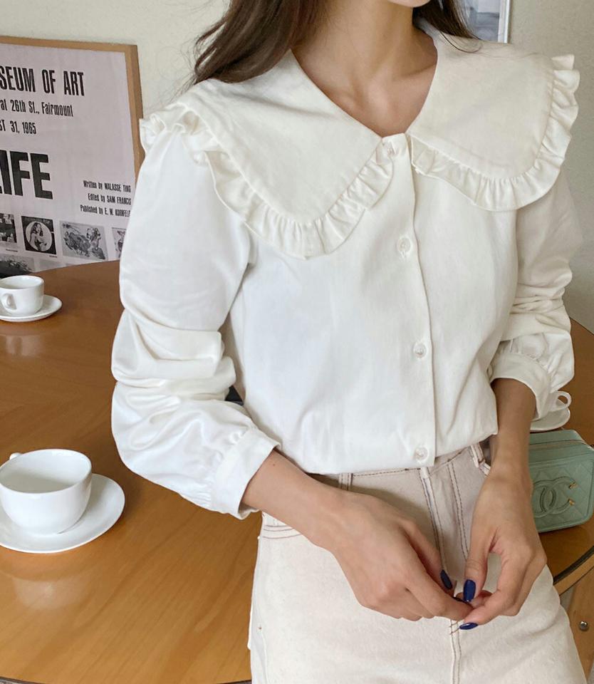 セーラーフリルカラーブラウス・全2色・b63209 レディース 【bl】韓国ファッション トップス ブラウス 長袖 カラーネック セーラーカラー フリル 無地 シンプル カフス ボタン 体型カバー ガーリー カジュアル フェミニン 秋 冬