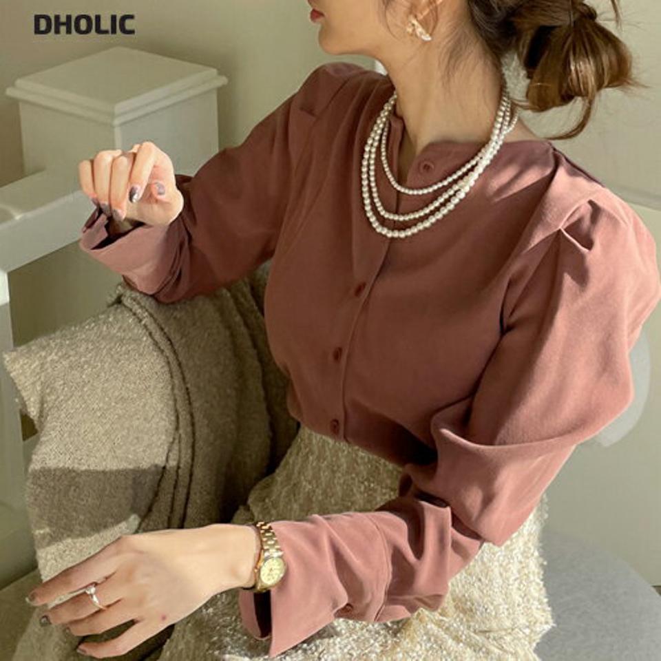 ボタンパフスリーブブラウス・全5色・t00368 レディース 【bl】トップス ブラウス 長袖 パフスリーブ パフ袖 単色 無地 シンプル 大人 きれいめ 上品 ノーカラー オフィスカジュアル 秋 冬 韓国ファッション ハイホリHIHOLLI