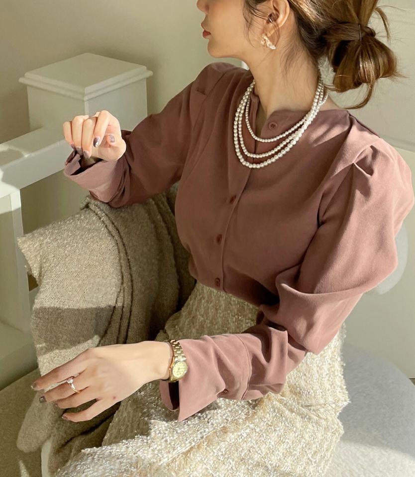 ボタンパフスリーブブラウス・全5色・t00368 レディース 【bl】トップス ブラウス 長袖 パフスリーブ パフ袖 単色 無地 シンプル 大人 きれいめ 上品 ノーカラー オフィスカジュアル 秋 冬 韓国ファッション ハイホリHIHOLLI