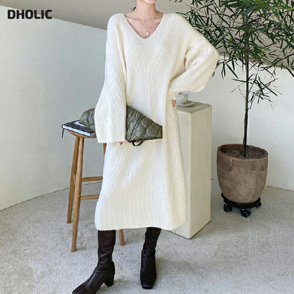 Vネックルーズニットワンピース・全3色・t00381 レディース 【ops】ワンピース ロング丈 ロング丈 ニット ルーズ Vネック ゆったり 長袖 ウール ニットワンピース ざっくり クリスマス 肉厚 ナチュラル 冬 韓国ファッション ハイホリHIHOLLI