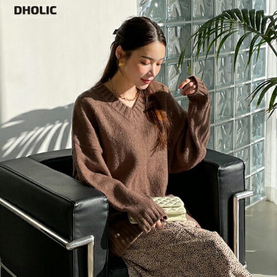 Vネックロングニット・全4色・t00378 レディース 【tops】トップス ニット 長袖 Vネック ロングニット 単色 無地 シンプル ベーシック 大人 カジュアル ラフ ルーズ ニットトップス 冬 韓国ファッション ハイホリHIHOLLI