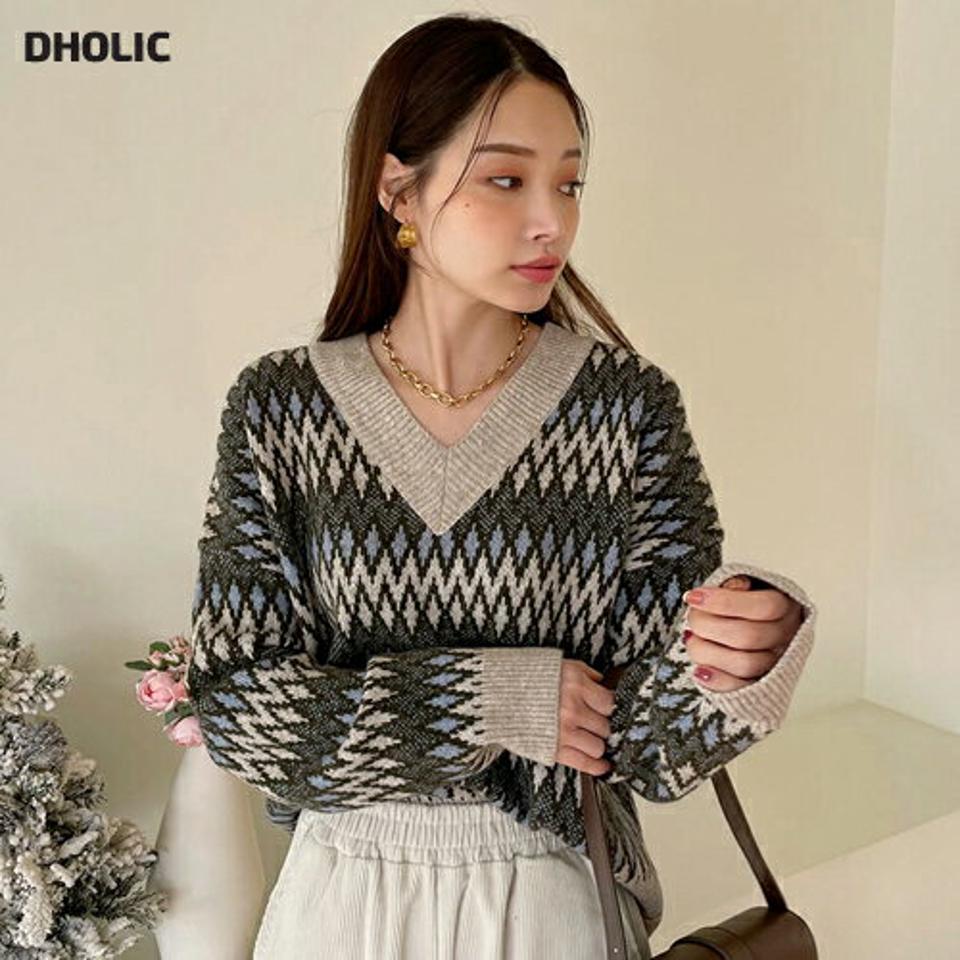 Vネックジグザグパターンニット・全4色・t00376 レディース 【tops】トップス ニット 長袖 総柄 Vネック レトロ カジュアル ラフ ニットトップス 秋 冬 韓国ファッション ハイホリHIHOLLI
