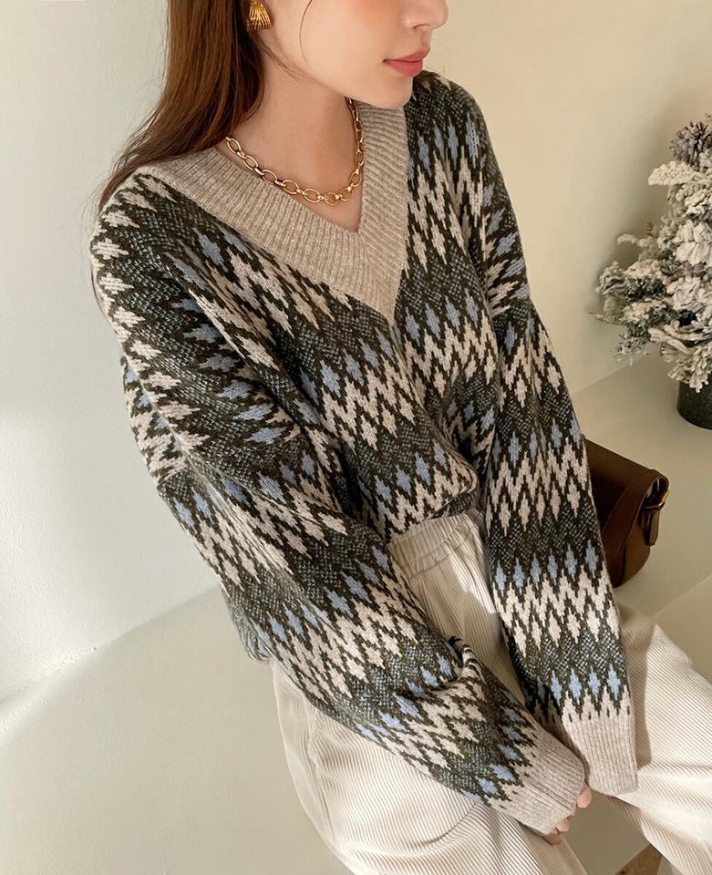 Vネックジグザグパターンニット・全4色・t00376 レディース 【tops】トップス ニット 長袖 総柄 Vネック レトロ カジュアル ラフ ニットトップス 秋 冬 韓国ファッション ハイホリHIHOLLI