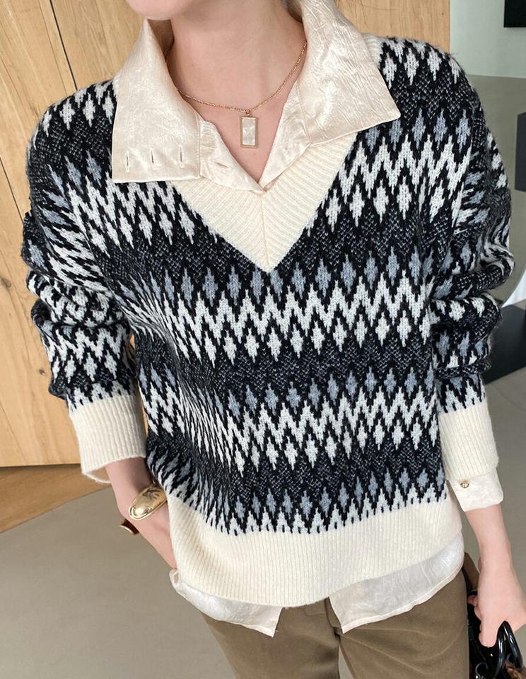 Vネックジグザグパターンニット・全4色・t00376 レディース 【tops】トップス ニット 長袖 総柄 Vネック レトロ カジュアル ラフ ニットトップス 秋 冬 韓国ファッション ハイホリHIHOLLI