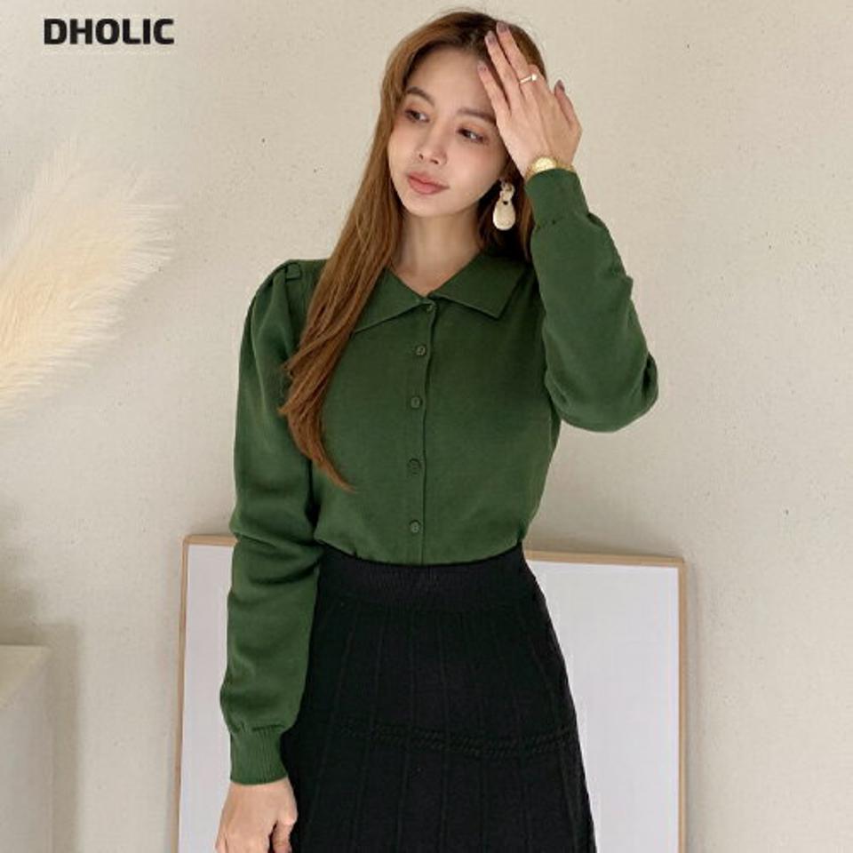 カラーパフボタンニット・全4色・b00375 レディース 【tops】トップス ニット ポロ襟 長袖 ニットトップス カラーニット 単色 無地 シンプル カジュアル 大人 パフスリーブ パフ袖 秋 冬 韓国ファッション ハイホリHIHOLLI