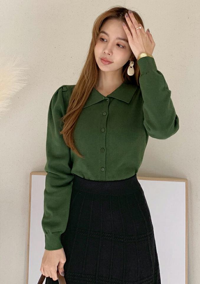 カラーパフボタンニット・全4色・b00375 レディース 【tops】トップス ニット ポロ襟 長袖 ニットトップス カラーニット 単色 無地 シンプル カジュアル 大人 パフスリーブ パフ袖 秋 冬 韓国ファッション ハイホリHIHOLLI