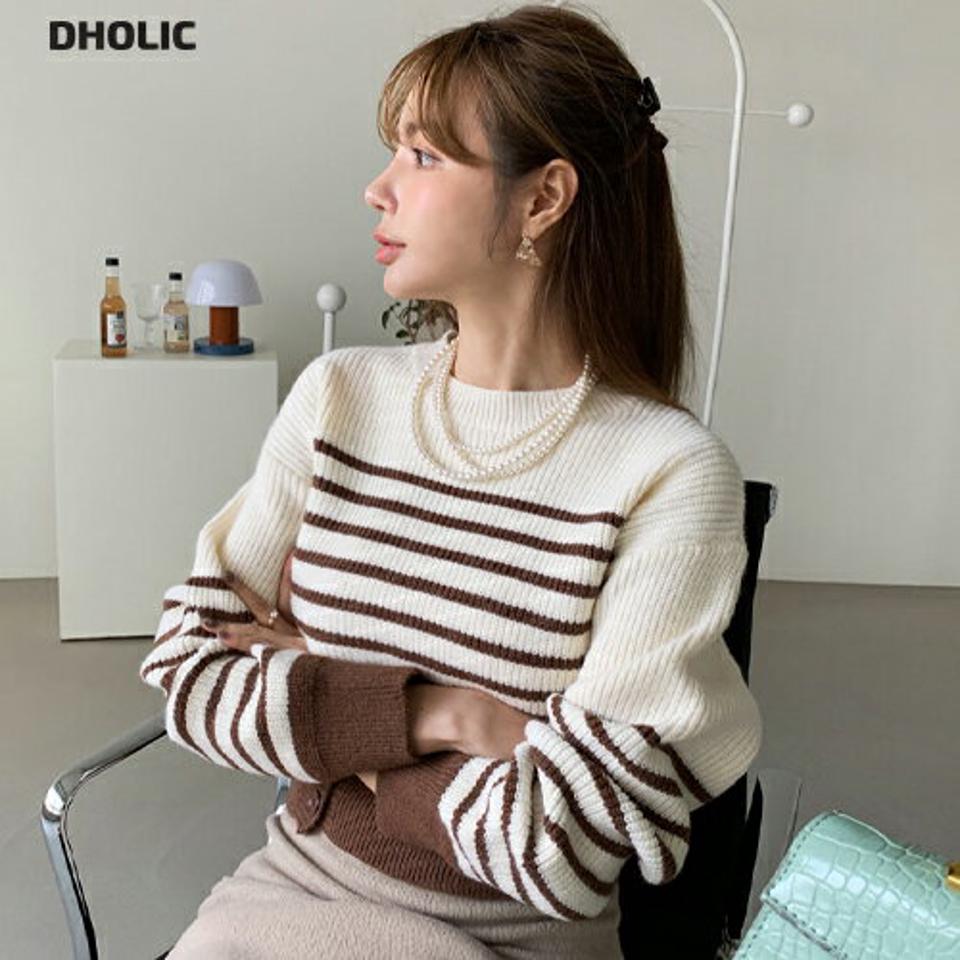 ボーダーボタンクロップドニット・全2色・b00374 レディース 【tops】トップス ニット 長袖 クロップド丈 ボーダー柄 カジュアル ラフ スリット 短丈 秋 冬 韓国ファッション ハイホリHIHOLLI