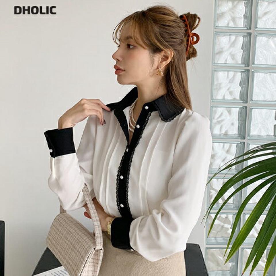 即日配送 レース配色カラーブラウス・全4色・t00371 レディース 【bl】トップス ブラウス 長袖 配色 レース スカラップレース 大人 上品 シック パールボタン パフスリーブ パフ袖 ピンタック 秋 冬 春 韓国ファッション ハイホリHIHOLLI