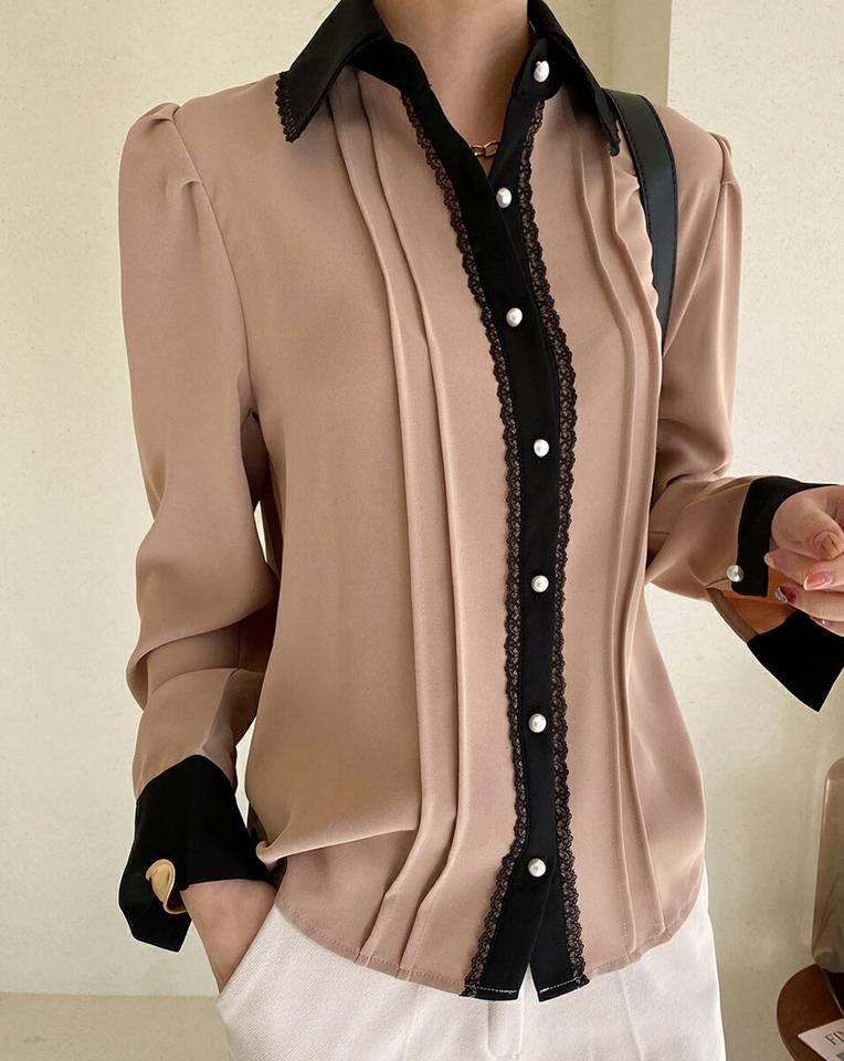 即日配送 レース配色カラーブラウス・全4色・t00371 レディース 【bl】トップス ブラウス 長袖 配色 レース スカラップレース 大人 上品 シック パールボタン パフスリーブ パフ袖 ピンタック 秋 冬 春 韓国ファッション ハイホリHIHOLLI