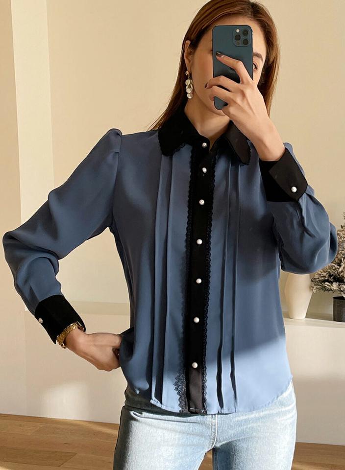 即日配送 レース配色カラーブラウス・全4色・t00371 レディース 【bl】トップス ブラウス 長袖 配色 レース スカラップレース 大人 上品 シック パールボタン パフスリーブ パフ袖 ピンタック 秋 冬 春 韓国ファッション ハイホリHIHOLLI