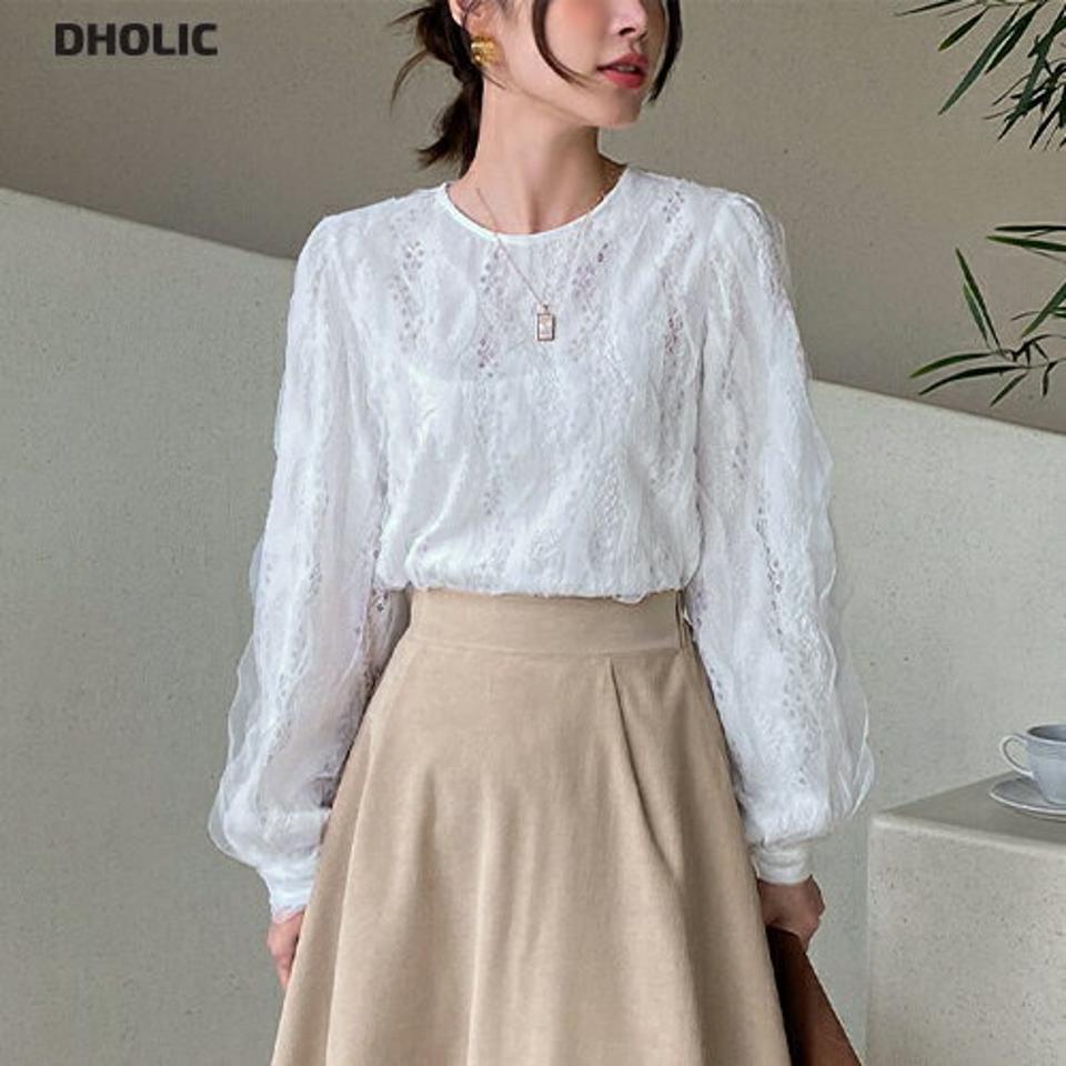 ウェーブレースブラウス・全3色・b00370 レディース 【bl】トップス ブラウス 長袖 ウェーブ レス 総レース フェミニン 可愛い かわいい 上品 大人 パンチンレース フリル パフスリーブ パフ袖 秋 冬 韓国ファッション ハイホリHIHOLLI