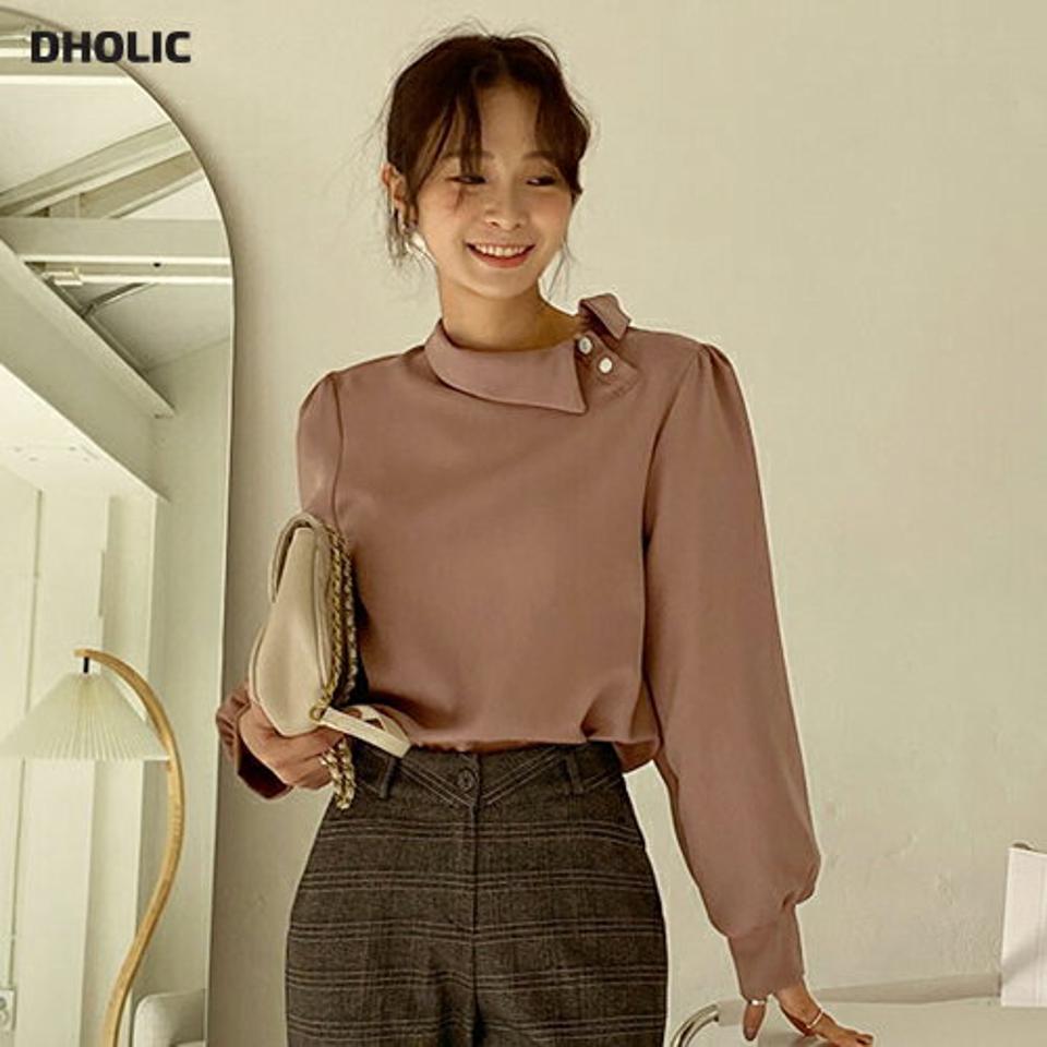 即日配送 ネックボタンブラウス・全3色・t65665 レディース 【bl】韓国ファッション トップス ブラウス 長袖 カラーネック ネックボタン アンバランスカラー 襟コン ギャザー ユニーク 無地 シンプル 大人 体型カバー ルーズ カジュアル フェミニン 秋 冬