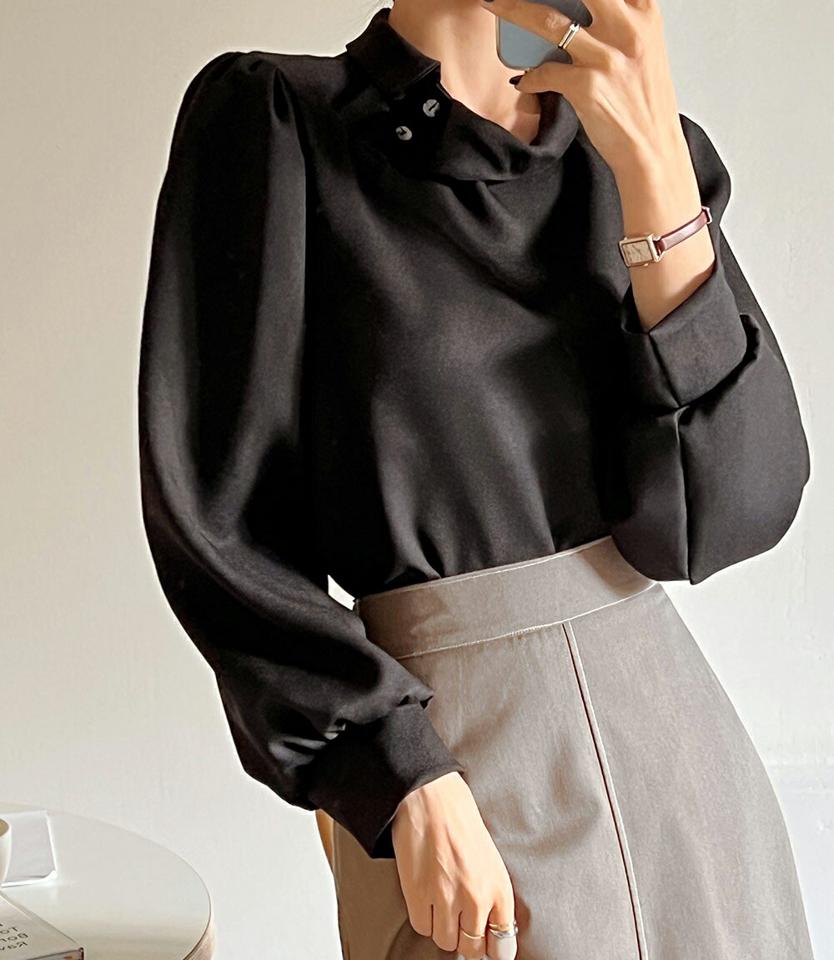 即日配送 ネックボタンブラウス・全3色・t65665 レディース 【bl】韓国ファッション トップス ブラウス 長袖 カラーネック ネックボタン アンバランスカラー 襟コン ギャザー ユニーク 無地 シンプル 大人 体型カバー ルーズ カジュアル フェミニン 秋 冬