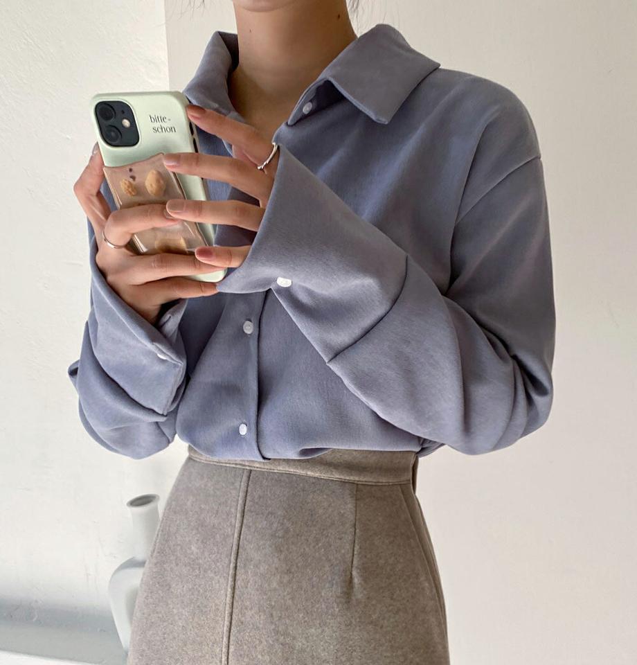 起毛ワイドカフスシャツブラウス・全4色・t65668 レディース 【bl】韓国ファッション トップス ブラウス 長袖 カラーネック 起毛 ワイド カフス シャツブラウス 無地 ベーシック シンプル 大人 体型カバー ルーズ カジュアル フェミニン 秋 冬