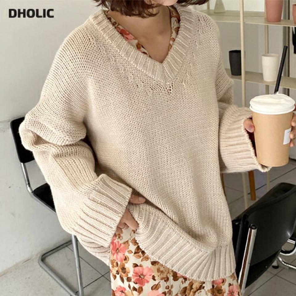 Vネックルーズフィットニット・全5色・b65669 レディース 【tops】韓国ファッション トップス ニット 大人 長袖 Vネック ルーズ 無地 シンプル メランジニット ドロップショルダー 異素材 体型カバー フェミニン デイリー ガーリー 秋 冬