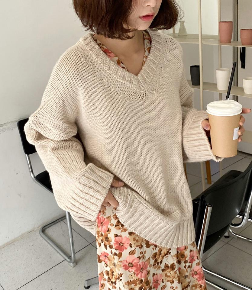 Vネックルーズフィットニット・全5色・b65669 レディース 【tops】韓国ファッション トップス ニット 大人 長袖 Vネック ルーズ 無地 シンプル メランジニット ドロップショルダー 異素材 体型カバー フェミニン デイリー ガーリー 秋 冬