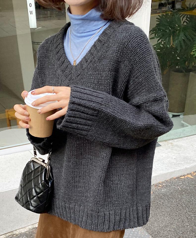 Vネックルーズフィットニット・全5色・b65669 レディース 【tops】韓国ファッション トップス ニット 大人 長袖 Vネック ルーズ 無地 シンプル メランジニット ドロップショルダー 異素材 体型カバー フェミニン デイリー ガーリー 秋 冬