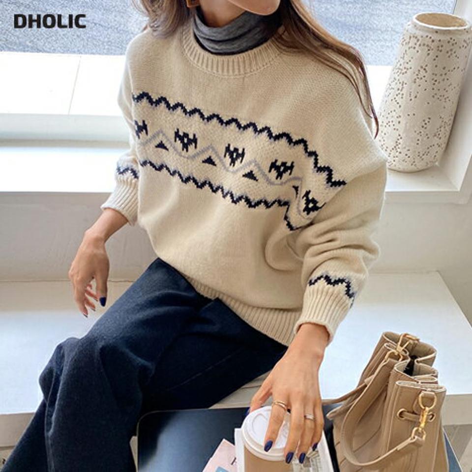 【只今10%OFF】パターンラウンドニット・全3色・b65670 レディース 【tops】韓国ファッション トップス ニット 大人 長袖 ラウンドネック パターン 柄ニット ユニーク シンプル 異素材 ルーズ 体型カバー フェミニン カジュアル デイリー ガーリー 秋 冬【ニットセール】