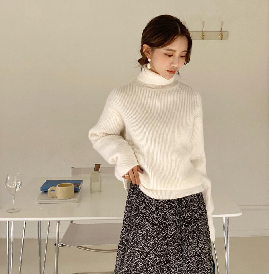 リブタートルネックニット・全4色・b65700 レディース 【tops】韓国ファッション トップス ニット 年上 大人 長袖 タートルネック リブ ルーズ ウール混 カラーニット 無地 ベーシック シンプル フェミニン デイリー ガーリー 秋 冬