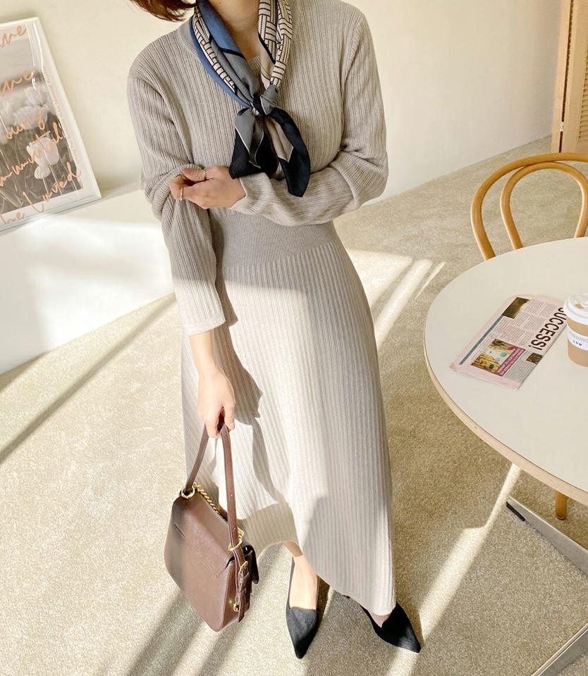 リブニットワンピース・全3色・b65680 レディース 【ops】韓国ファッション ワンピース ロング ロングワンピース 長袖 ラウンドネック リブ ニットワンピース ロング丈 無地 ベーシック シンプル 体型カバー カジュアル フェミニン 秋 冬